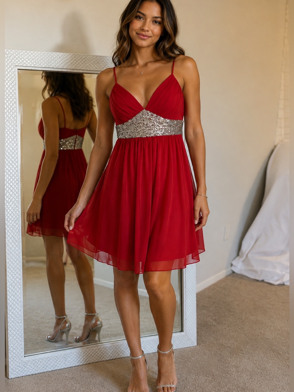 IZ Byer Red Formal Dress Sparkly Accents